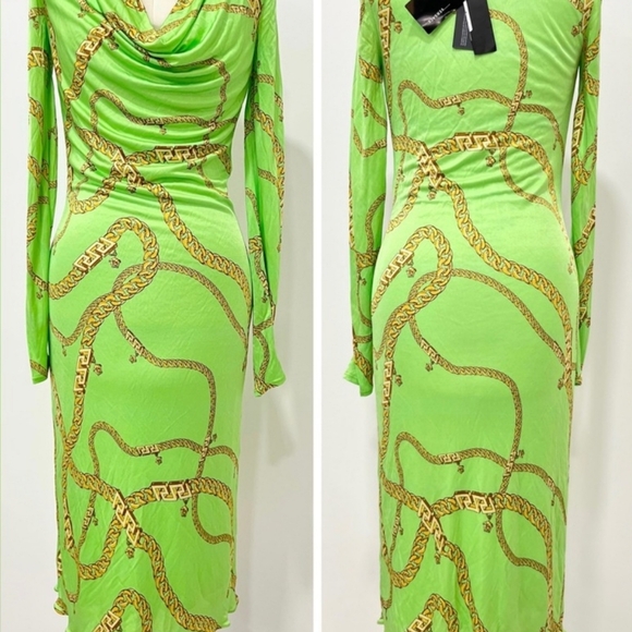 Versace Jersey Cowl Chain Link Dress In Neon Green Gold - Picture 3 of 5